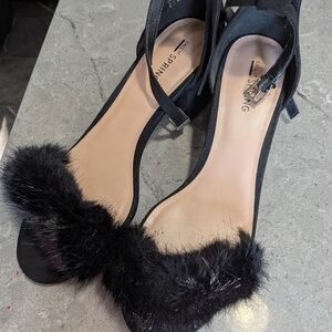 Call It Spring Black Fur-Trimmed Women's Sandals